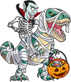 Discover Skeleton Riding Mummy Dinosaur T-rex Halloween Dracula T-Shirt