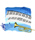 Discover Trumpet and Keyboard, blue theme graphic music