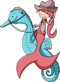 Discover Red and turquoise Cowgirl Mermaid on a Seahorse