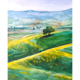 Discover green and yellow landscape watercolor painting