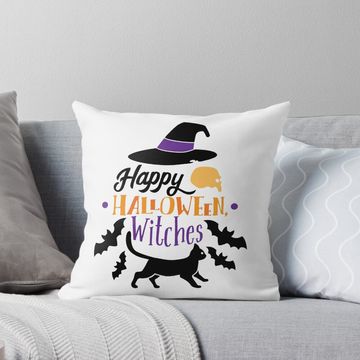 Discover Happy Halloween Witches Funny Cat Witch Halloween Pillow