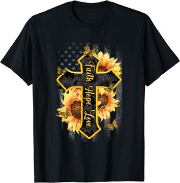 Discover Faith Hope Love Christian Cross American Flag Sunflower T-Shirt