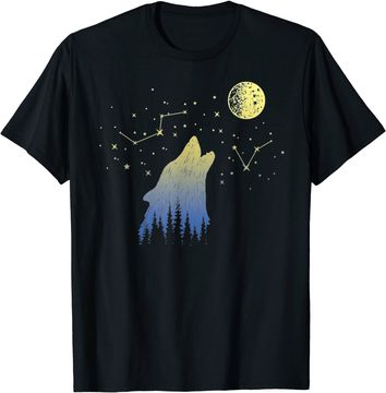 Discover Wolf Howling at Stars Constellations and Moon T Shirt