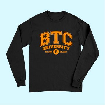 Discover BTC University To The Moon, Funny Distressed Bitcoin College Long Sleeves