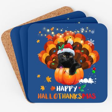 Discover Happy Hallothanksmas Pumpkin Turkey Black Cat Lovers Gifts Coaster