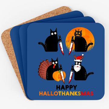 Discover Happy Hallothanksmas Black Cat Halloween Thanksgiving Coaster