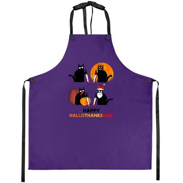 Discover Happy Hallothanksmas Black Cat Halloween Thanksgiving Apron