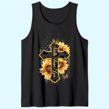 Discover Faith Hope Love Christian Cross American Flag Sunflower Tank Top