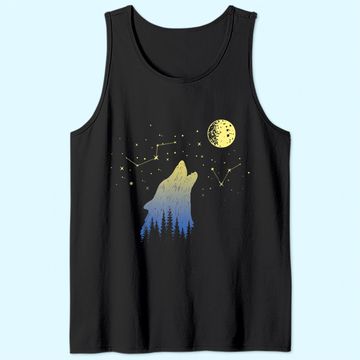 Discover Wolf Howling at Stars Constellations and Moon Tank Top