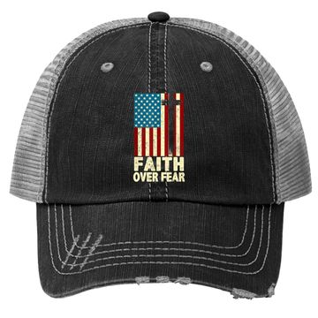 Discover Faith Over Fear Cool Christian Cross Us Flag Trucker Hat