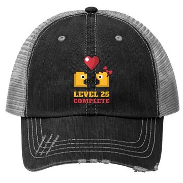 Discover Funny Gamers Level 25 Complete 25th Wedding Anniversary Trucker Hat