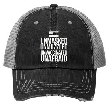 Discover Unmasked Unmuzzled Unvaccinated Unafraid Trucker Hat Trucker Hat Black P