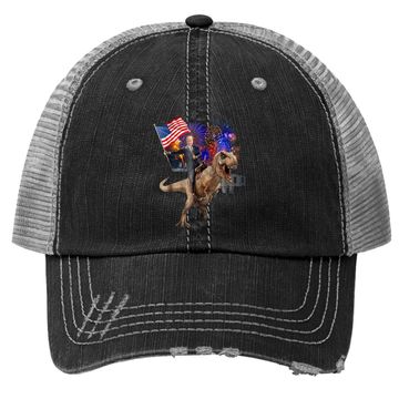 Discover Trump Riding A Dinosaur T-rex Suppor Trucker Hat