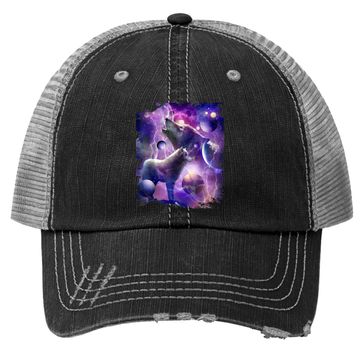Discover Cosmic Wolf Howling At Moon In Spacet Trucker Hat