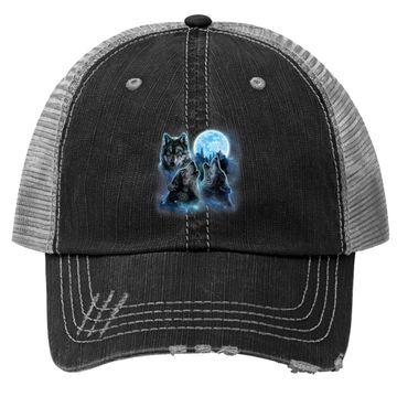 Discover Three Wolves Howling Under Icy Full Moon Trucker Hat