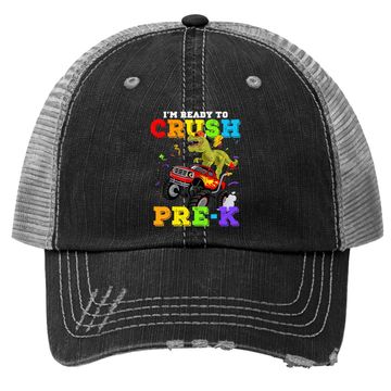 Discover Cool I'm Ready To Crush Pre-k Monster Truck Dinosaur T-rex Trucker Hat