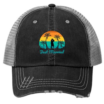 Discover Just Married Trucker Hat Couple Honeymoon Matching Tropical Paradise