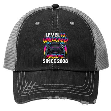 Discover Level 13 Unlocked Awesome Since 2008 13th Birthday Gaming Trucker Hat