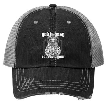 Discover God Is Busy Can I Help You Baphomet Trucker Hat