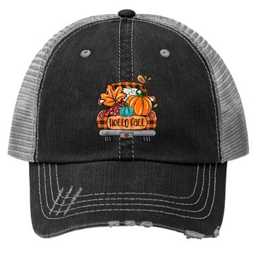 Discover Hello Fall Orange Plaid Truck Pumpkin Fall Autumn Trucker Hat