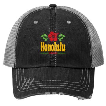 Discover Honolulu Hawaii Flowers Distressed Color Print Trucker Hat