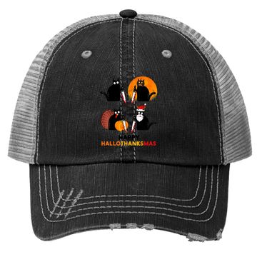 Discover Happy Hallothanksmas Black Cat Halloween Thanksgiving Trucker Hat