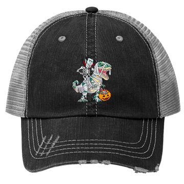 Discover Skeleton Riding Mummy Dinosaur T-rex Halloween Dracula Trucker Hat