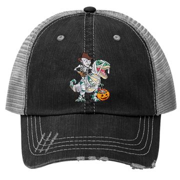 Discover Skeleton Riding Mummy Dinosaur T-rex Halloween Freddy Krueger Trucker Hat