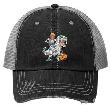 Discover Donal Trump Riding Mummy Dinosaur T-rex Halloween Trucker Hat