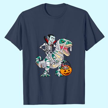 Discover Skeleton Riding Mummy Dinosaur T-rex Halloween Dracula T-Shirt