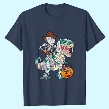 Discover Skeleton Riding Mummy Dinosaur T-rex Halloween Freddy Krueger T-Shirt