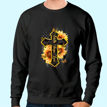 Discover Faith Hope Love Christian Cross American Flag Sunflower Sweatshirt