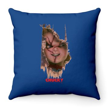 Discover Child's Play Broken Door Here's Chucky Poster Throw Pillow
