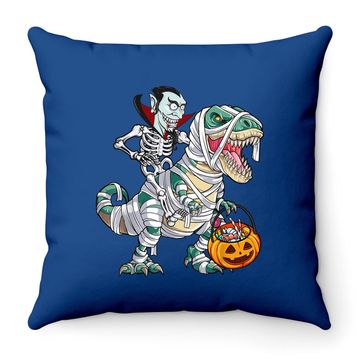 Discover Skeleton Riding Mummy Dinosaur T-rex Halloween Dracula Throw Pillow