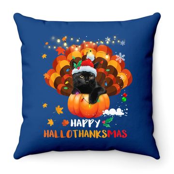 Discover Happy Hallothanksmas Pumpkin Turkey Black Cat Lovers Gifts Throw Pillow