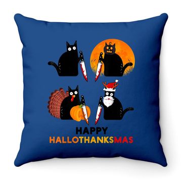 Discover Happy Hallothanksmas Black Cat Halloween Thanksgiving Throw Pillow