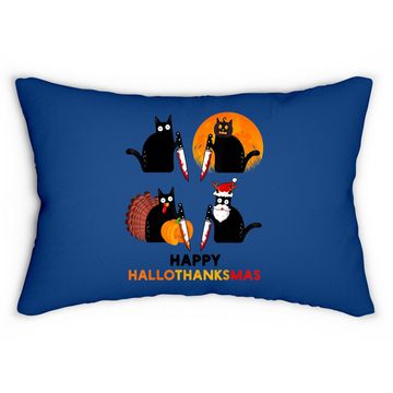 Discover Happy Hallothanksmas Black Cat Halloween Thanksgiving Lumbar Pillow