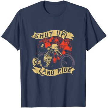 Discover Shut Up Ride Skull Motorcycle Biker Halloween T-Shirt
