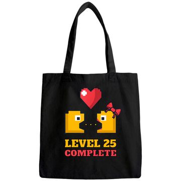 Discover Funny Gamers Level 25 Complete 25th Wedding Anniversary Tote Bag