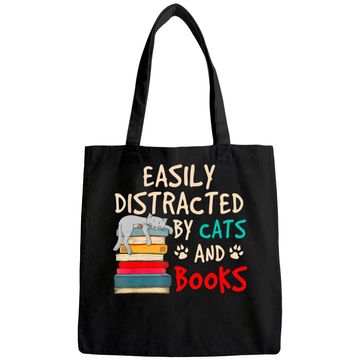 Discover Easily Distracted by Cats and Books - Cat & Book Lover Tote Bag