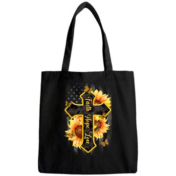 Discover Faith Hope Love Christian Cross American Flag Sunflower Tote Bag