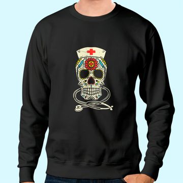 Discover Nurse Sugar Skull Stethoscope Medical Halloween Costume Sweatshirt