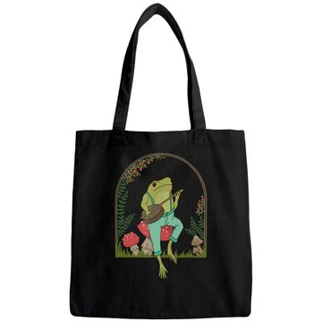 Discover Cottagecore Aesthetic Frog Playing Banjo on Mushroom Tote Bag