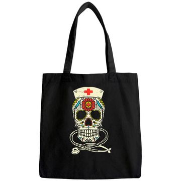 Discover Nurse Sugar Skull Stethoscope Medical Halloween Costume Tote Bag