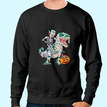 Discover Skeleton Riding Mummy Dinosaur T-rex Halloween Dracula Sweatshirt