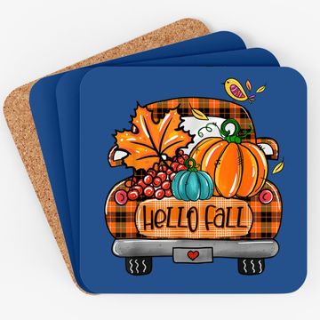 Discover Hello Fall Orange Plaid Truck Pumpkin Fall Autumn Coaster