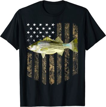 Discover American Flag Striped Bass Fishing T-Shirt