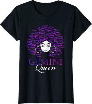 Discover Womens Black Womens Afro Hair Gemini Queen Birthday T Shirt