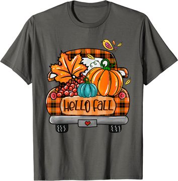 Discover Hello Fall Orange Plaid Truck Pumpkin Fall Autumn T-Shirt