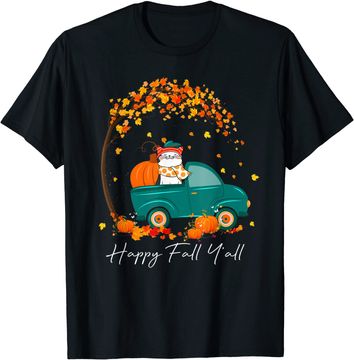 Discover Happy Fall Y'All Pumpkin Pickup Truck Cat Kitty Thanksgiving T-Shirt